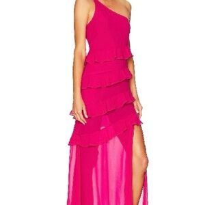 Pink One-Shoulder Tiered Gown with Slit